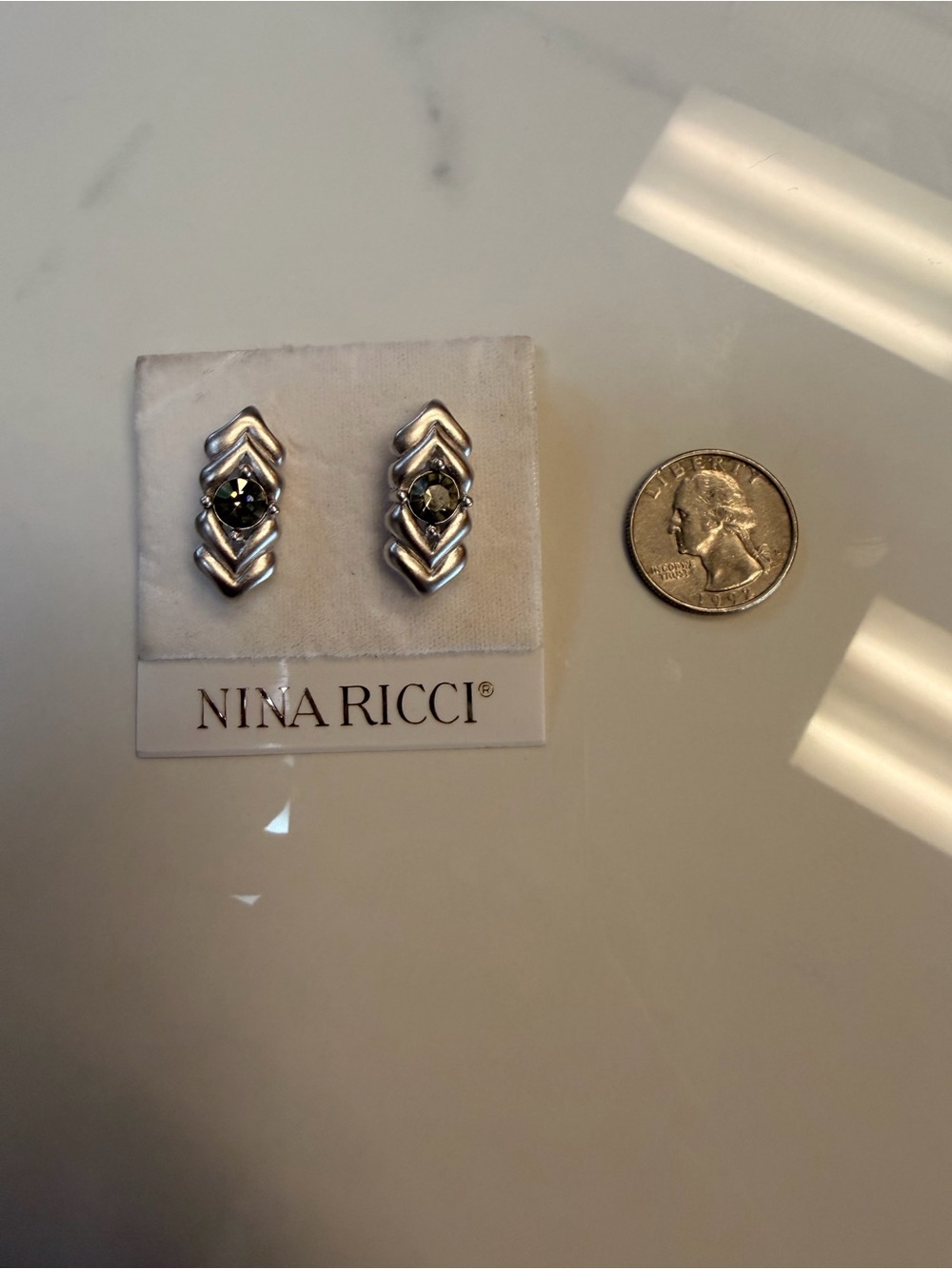 Nina Ricci Silver Chevron Smoky Crystal Stud Earrings - Picture 2 of 4